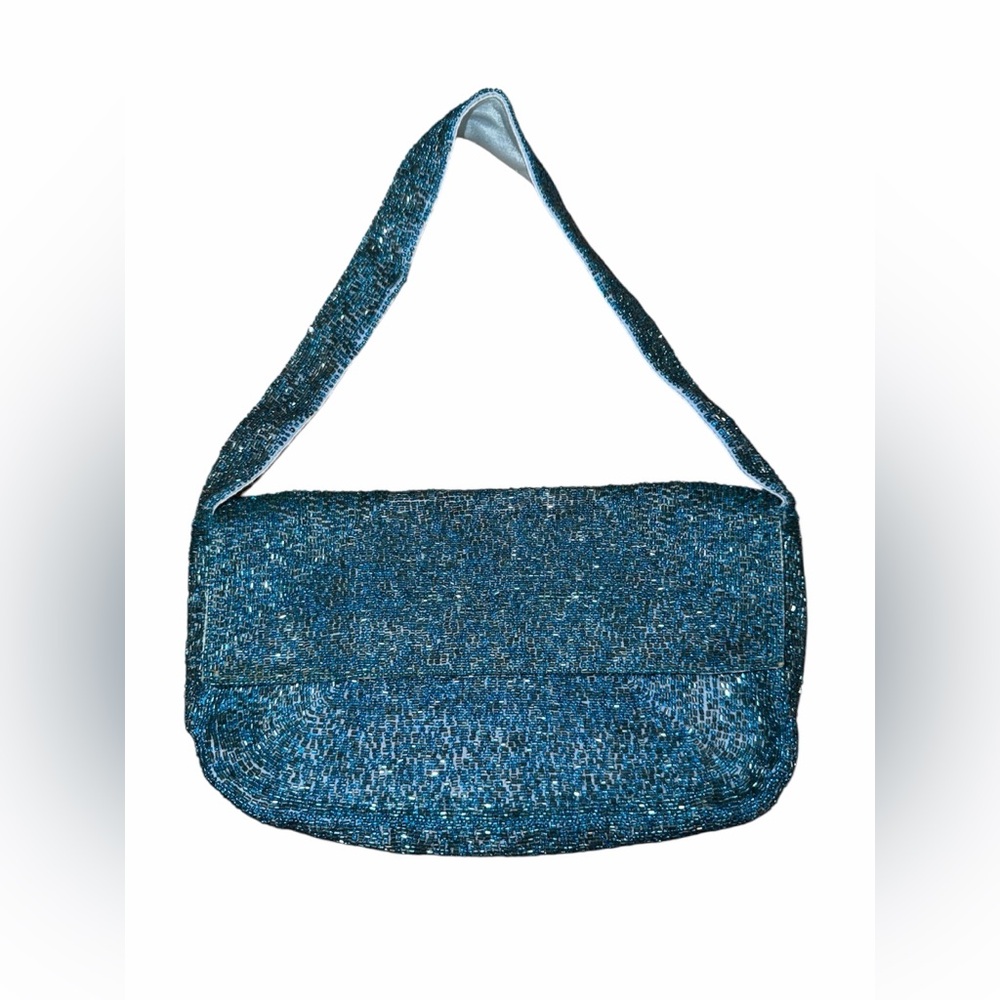 Vintage Blue Beaded Shoulder Bag Y2K Evening Purse Sparkly Clutch Baguette